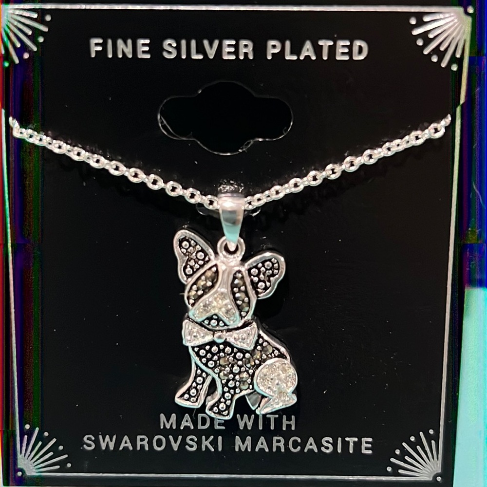 Marcasite & Crystal French Bulldog Pendant 18" Pendant Necklace in Silver-Plated